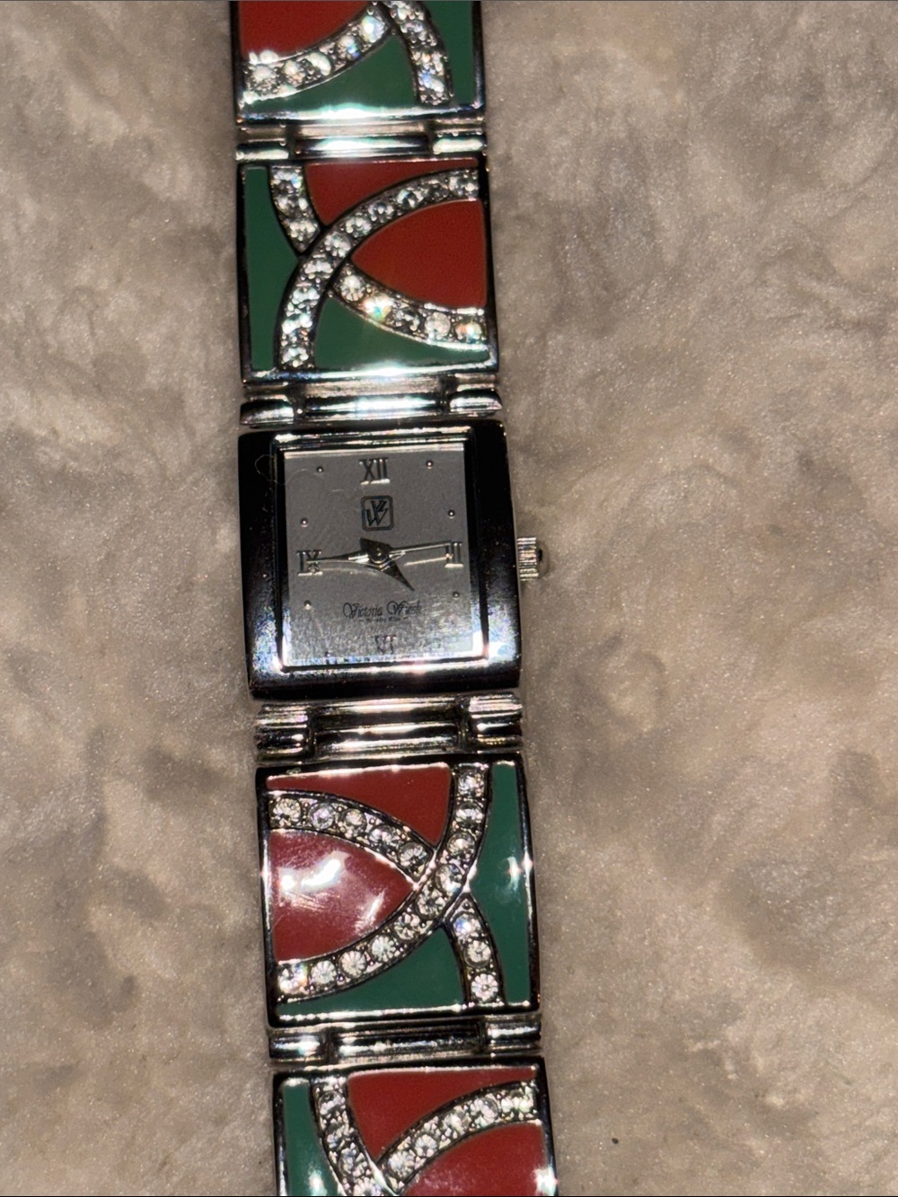 Victoria Wieck Silver-Tone Bracelet Watch with Green and Coral Enamel Links